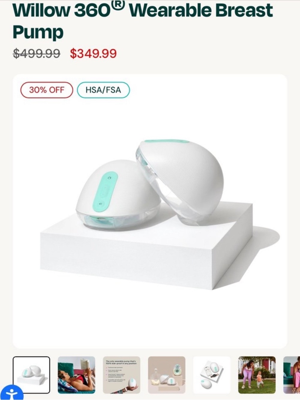 Willow 360 White Wearable Breast Pump with Mint Accents